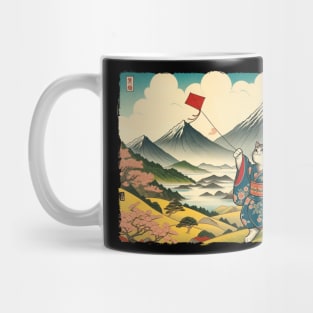 Vintage Japanese Art Kite Flying Mountain Mt. Fuji Cute Cat Mug